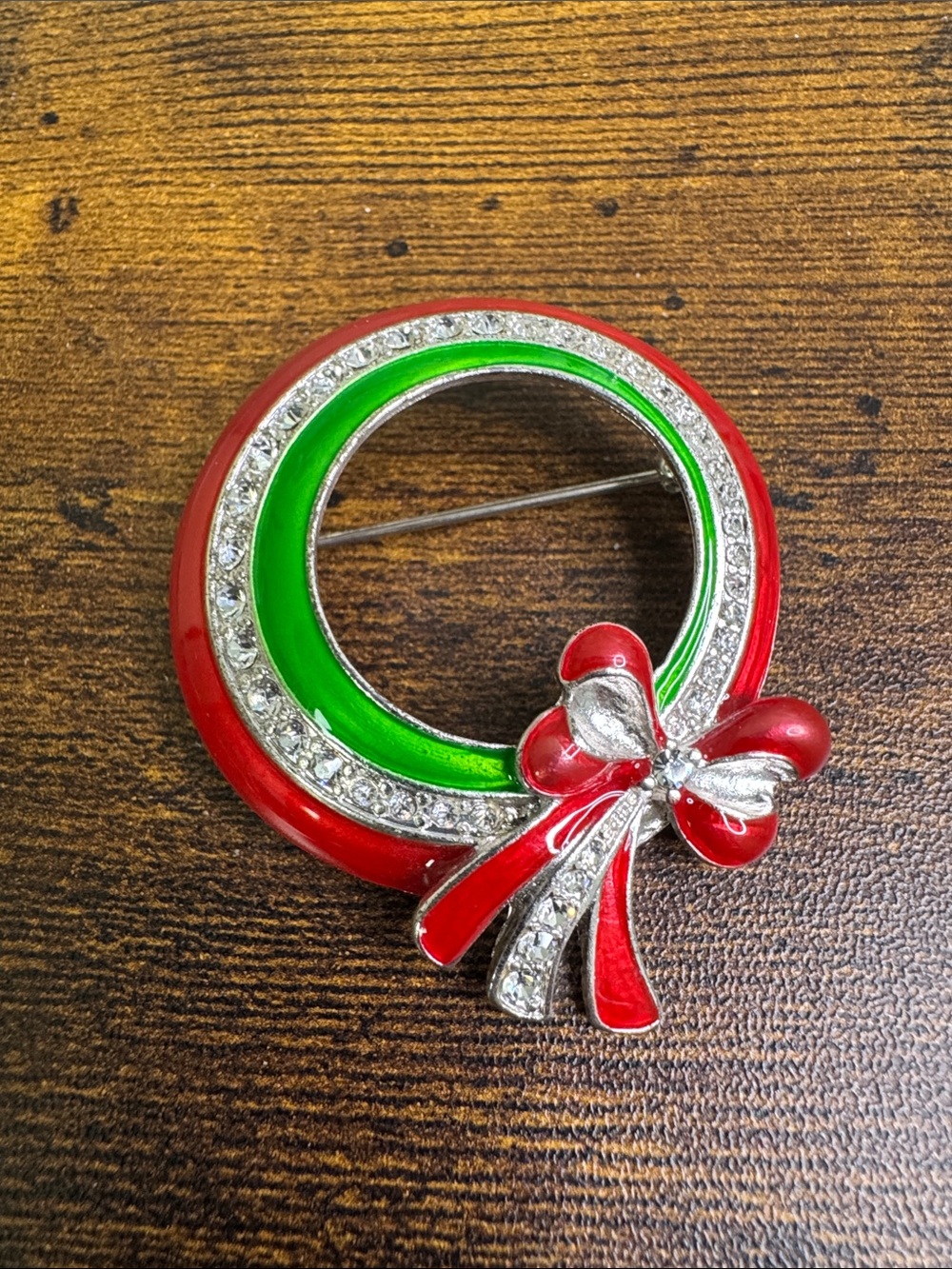 Festive Red and Green Holiday Wreath Brooch with Rhinestones